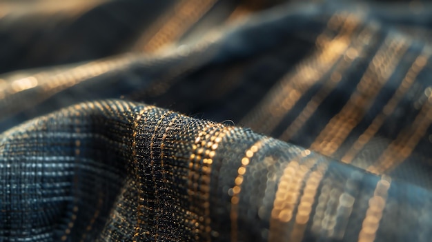 Blue and gold fabric with a shiny surface The fabric is folded and draped creating a sense of movement and depth