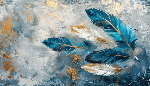 Blue and gold feathers against a textured gray background with intricate brushstrokes