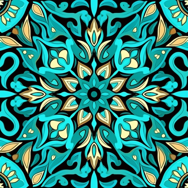 a blue and gold floral design on a black background generative ai