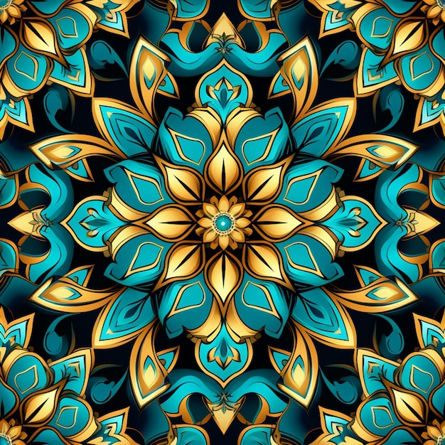 a blue and gold floral design on a black background generative ai