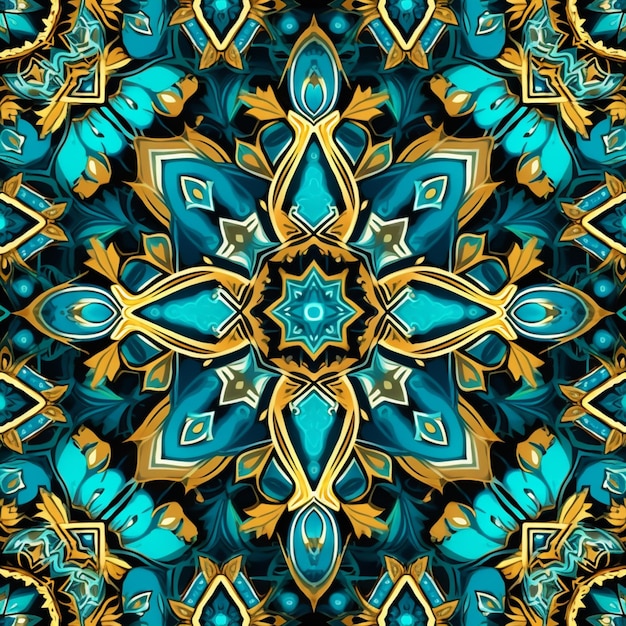 a blue and gold floral design on a black background generative ai