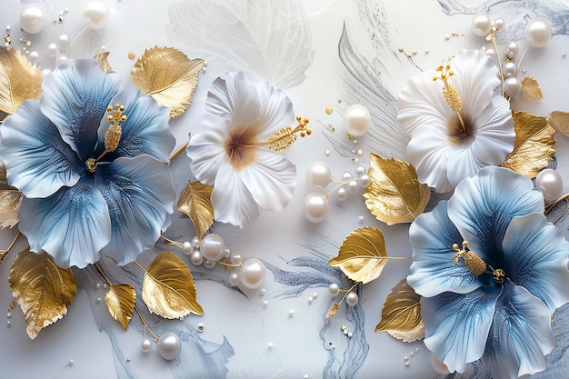 a blue and gold floral design is displayed on a white background