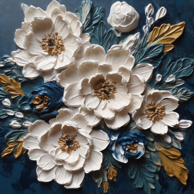 A blue and gold floral design with white flowers.