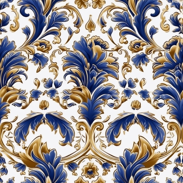 a blue and gold floral pattern on a white background generative ai