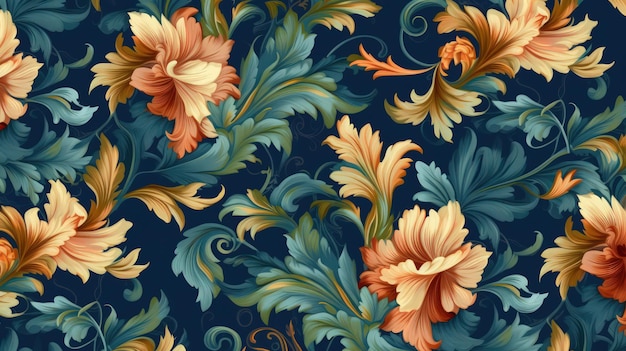 A blue and gold floral wallpaper with a floral pattern