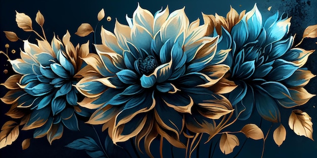 A blue and gold flower with leaves on a dark blue background.