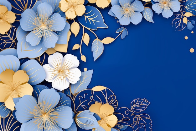 Blue and gold flowers against a dark blue backdrop copy space