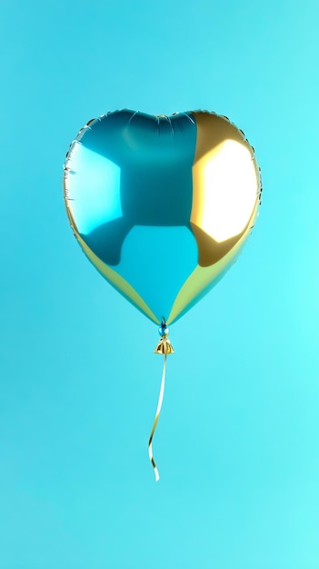 A blue and gold heart shaped balloon floating in the air