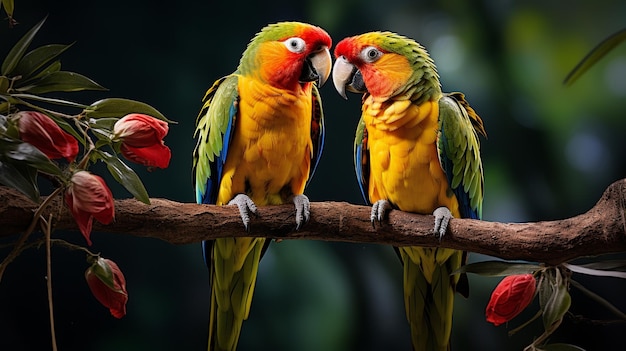 Blue and Gold Macaw or Ara Ararauna and Green Winged Macaw or Ara Chloroptera cute pets colorful birds