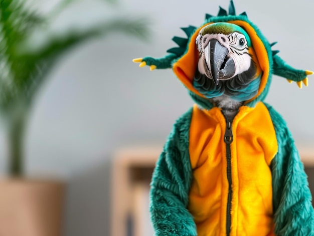 Photo blue and gold macaw parrot dressed in a green and yellow dragon costume standing in a home interior with a plant in the background