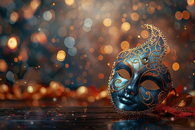 Blue and gold masquerade mask on a dark background with bokeh lights