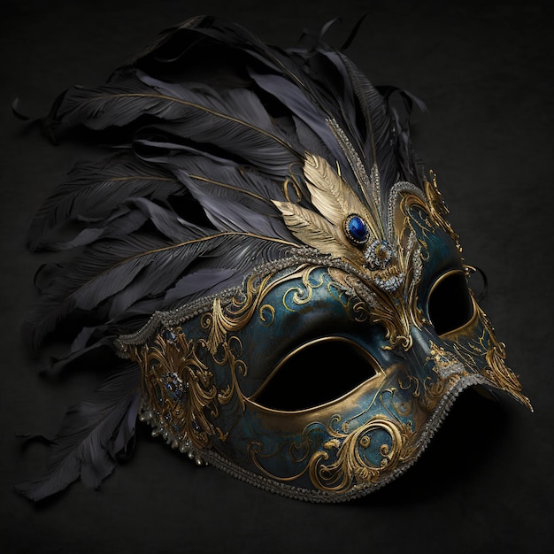 A blue and gold masquerade mask with a silver feather and gold accents.