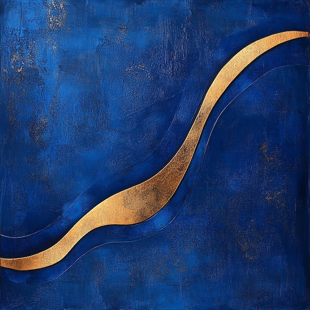 a blue and gold painting of a wave and the gold line