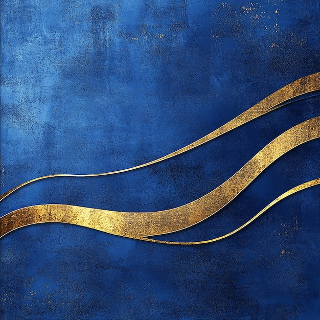 a blue and gold painting of a wave and gold lines