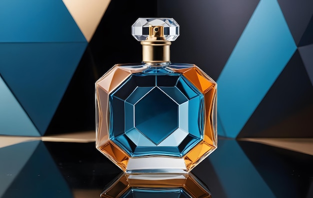 Blue and Gold Perfume Bottle on Abstract Geometric Background