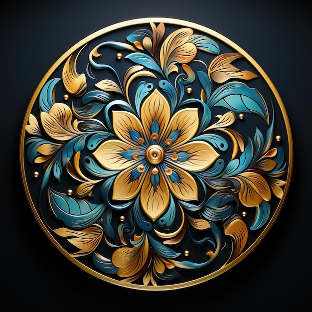 a blue and gold plate with a flower design on it