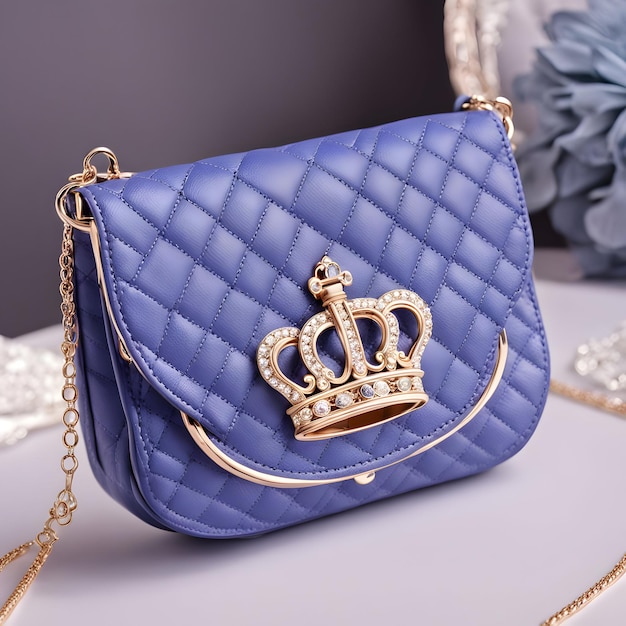 a blue and gold purse with a crown on it sits on a table