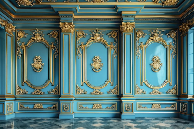 a blue and gold room with a gold and white design