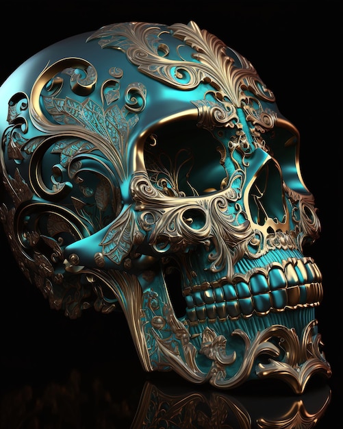 A blue and gold skull with floral designs.