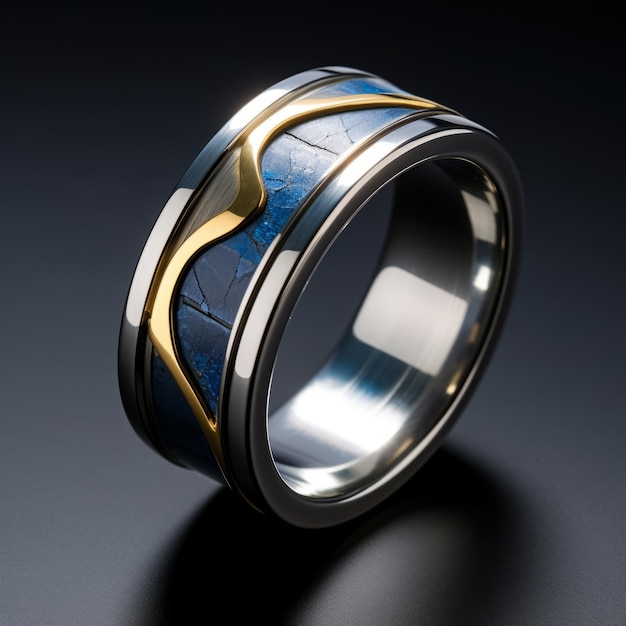 Blue And Gold Stainless Steel Ring With Subtle Color Accents