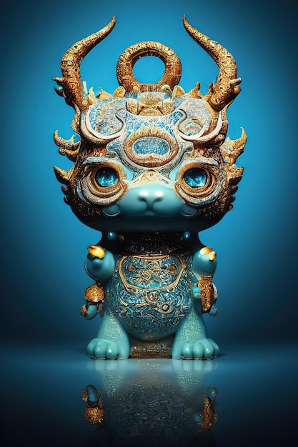 A blue and gold statue of a dragon with a gold head and blue eyes.