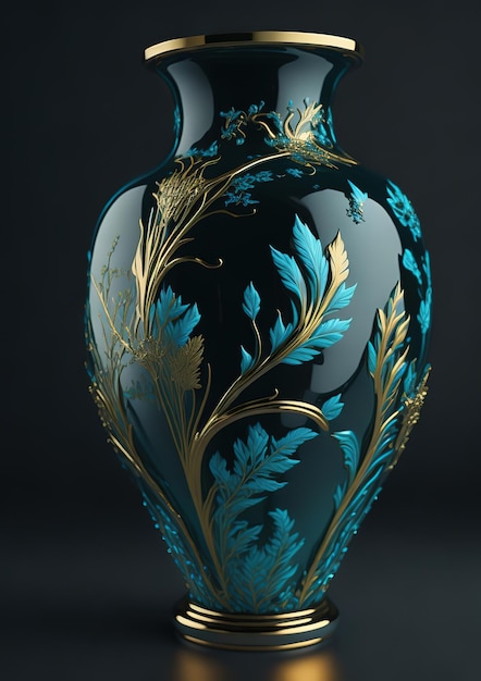 A blue and gold vase with gold leaves on it.