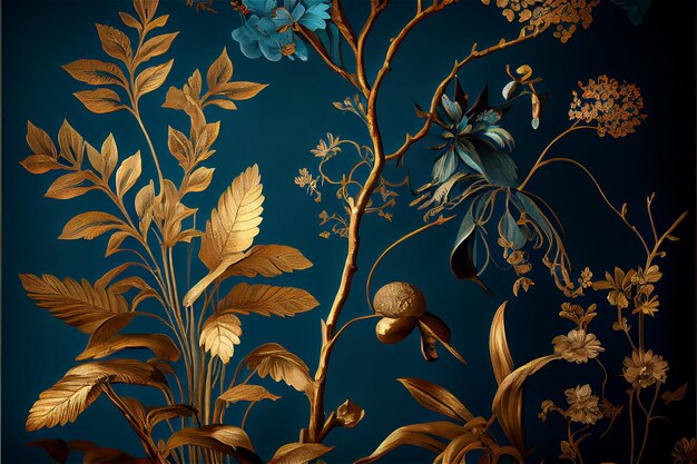 Blue and gold vintage floral pattern with a delicate luxury look generative AI