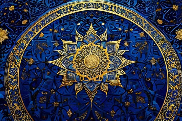 a blue and gold wall with a design that says  the name of the mosque