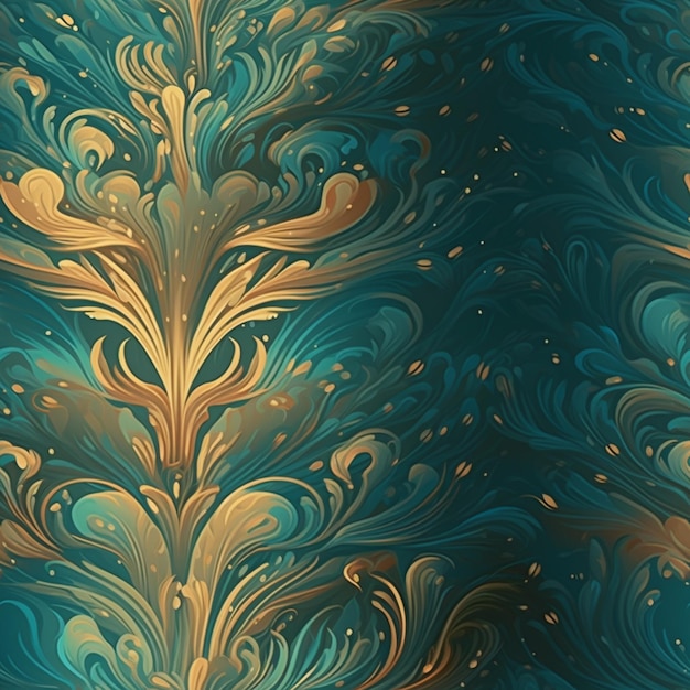 A blue and gold wallpaper with a pattern of flowers and leaves.