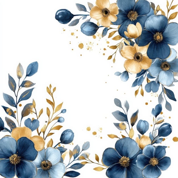 Photo blue and gold watercolor flowers elegant romantic floral border