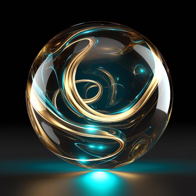 Photo blue and golden abstract sphere in space 3d glowing planet on dark background cosmic energy sphere