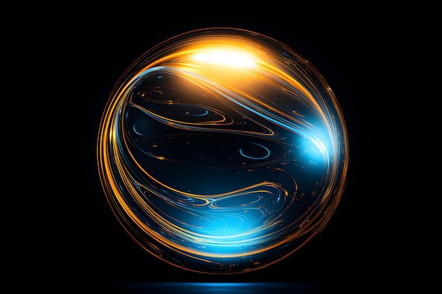 Blue and golden abstract sphere in space Glowing planet on black background 3D rendering