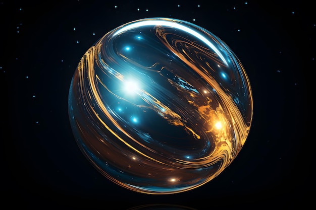 Blue and golden abstract sphere in space Glowing planet on black background 3D rendering