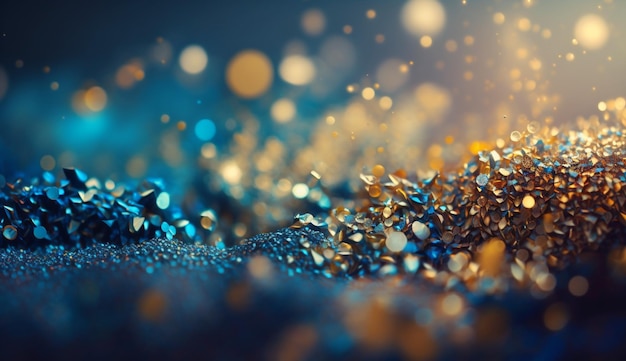 Blue And Golden Glitter In Shiny Defocused Background