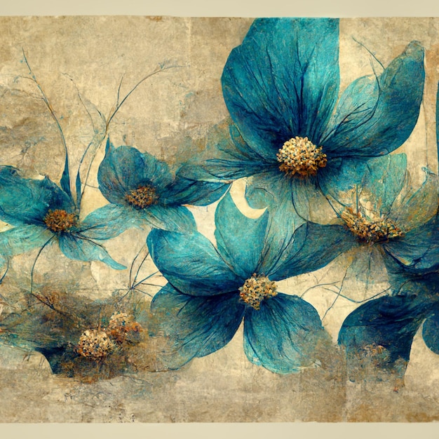 Blue and golden watercolor flower Illustration for prints wall art cover and invitation