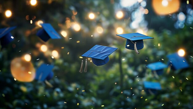 Photo blue graduation caps being thrown into the air amid bright lights and greenery