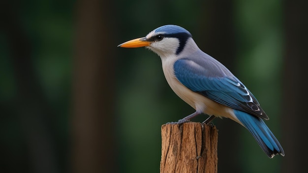 a blue and gray bird is sitting on a wooden post