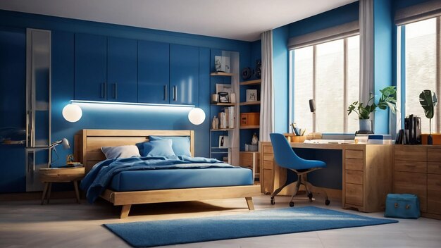 Blue and gray master bedroom with modern furniture 3d rendering