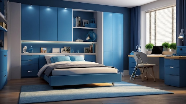 Blue and gray master bedroom with modern furniture 3d rendering