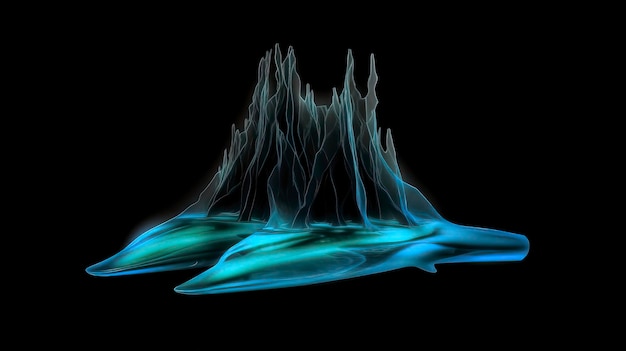 A blue and green abstract image of a mountain in the dark.