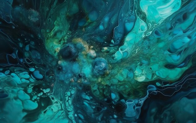 A blue and green abstract painting of a green liquid