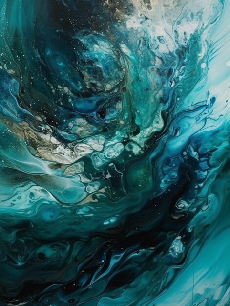 A blue and green abstract painting of a wave with the words'ocean'on it