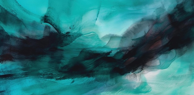 A blue and green abstract painting with a black background