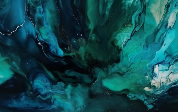 A blue and green abstract painting with the words'ocean'on it