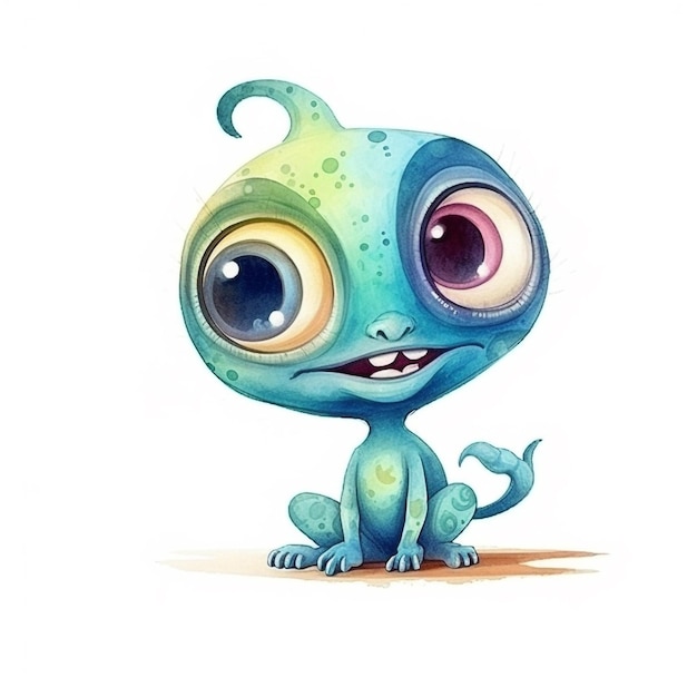 Photo a blue and green alien with big eyes sits on a white background.