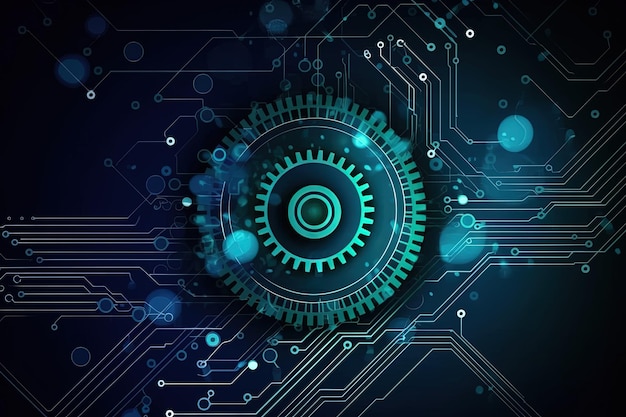 A blue and green circuit board with a green circular gear in the center.