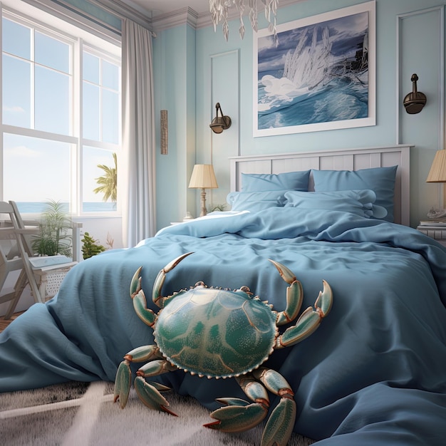 Photo a blue and green crab is on a bed with a blue comforter