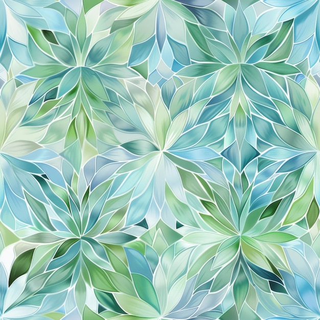 A blue and green floral pattern with a lot of green leaves