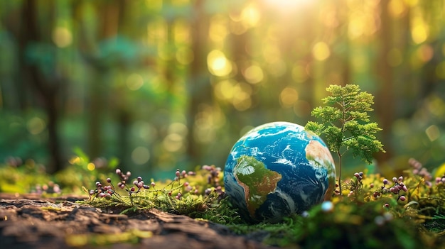 A blue and green globe lying on the ground with a forested background symbolizes environmental