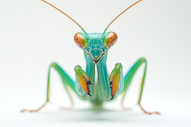 a blue and green grasshopper with a blue face